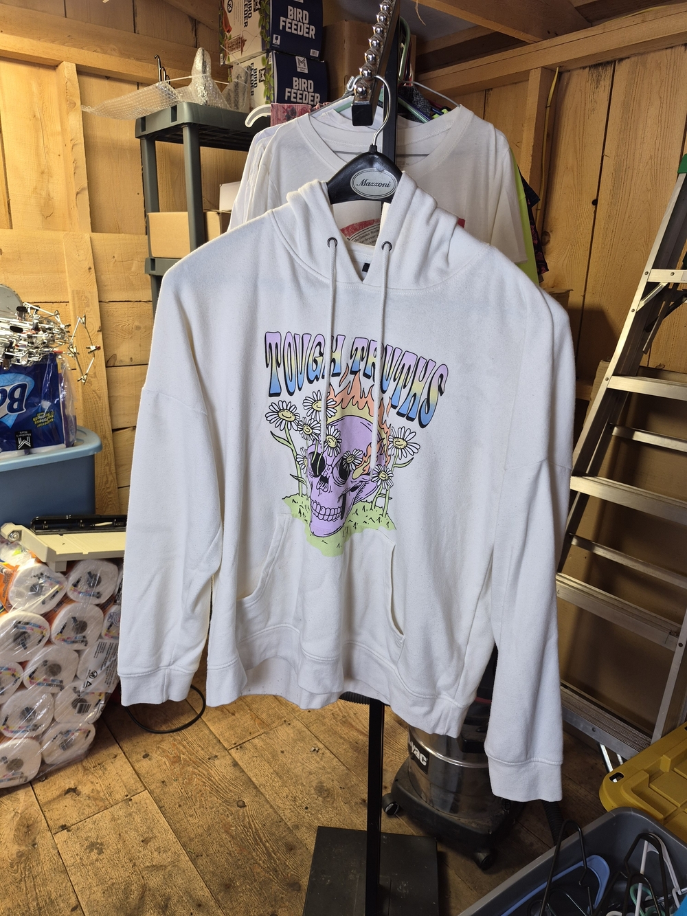 White Graphic Hooded Sweater with Pastel Skull Design Bin 34